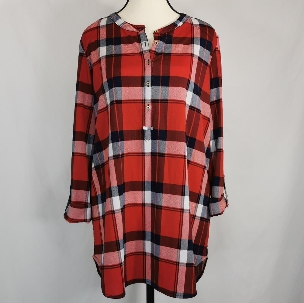 Nygard Red Plaid Long Sleeve Collarless Blouse - Sz M Open To Offers